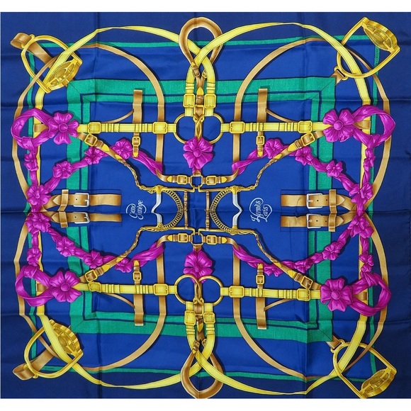 Hermes Blue and Gold Scarf with Pink Accents